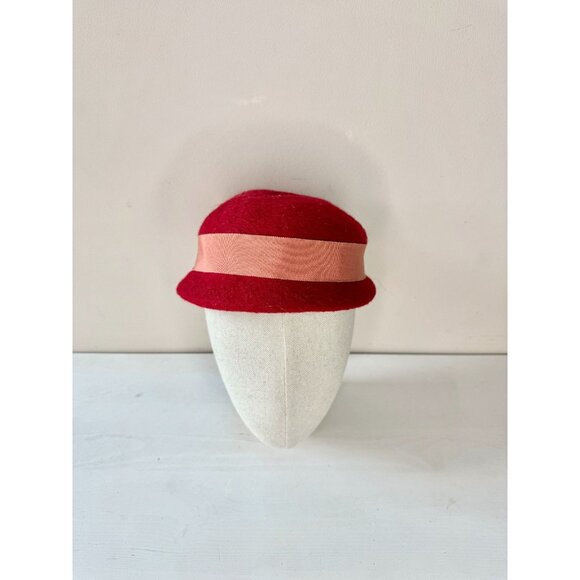 Vintage Red Wool Felt Pink Grosgrain Ribbon Feather Capulet Hat - Picture 3 of 16